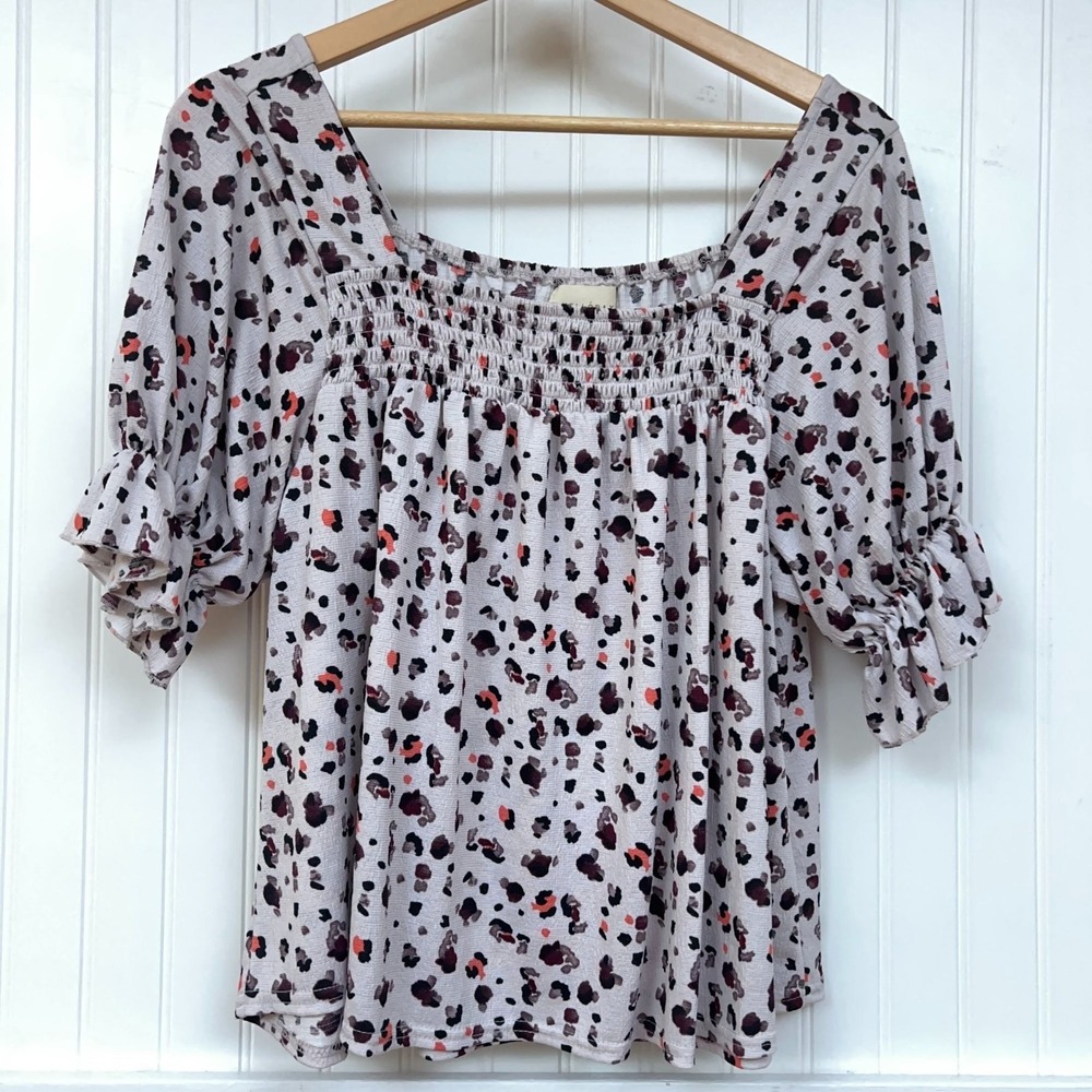 Melloday Blouse Mob Wife Glam Animal Leopard Print Square Neck Smocked Women's S